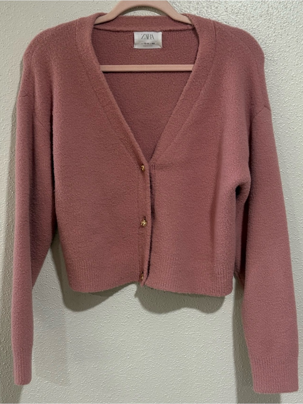 Zara Girls Soft Knit Cropped Cardigan | Pink Fox Button Sweater | Size 13/14